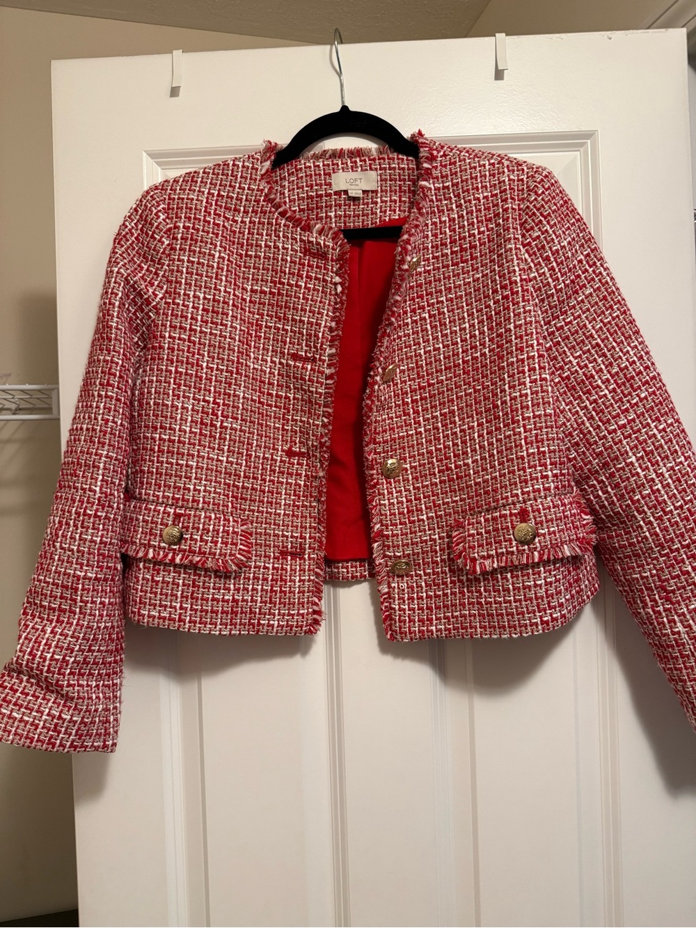 Loft Red Tweed Collarless Jacket - Picture 4 of 8